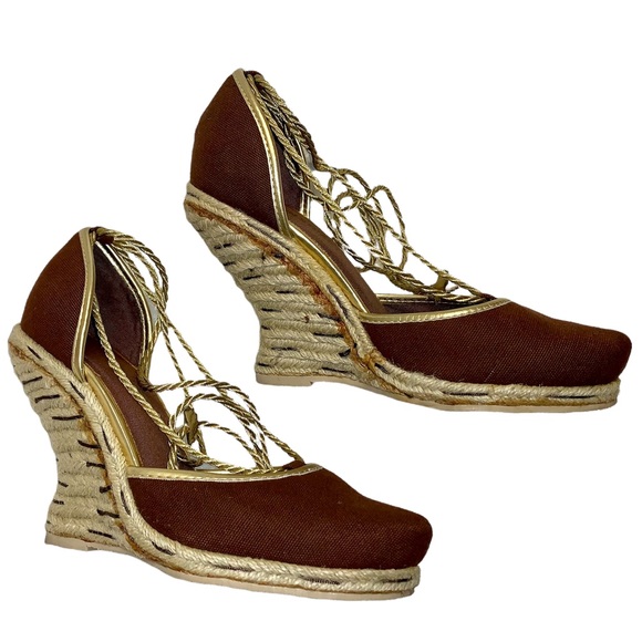 Curved Wedge Heel Ankle Wrap Sandal 6.5 Brown - Picture 7 of 12